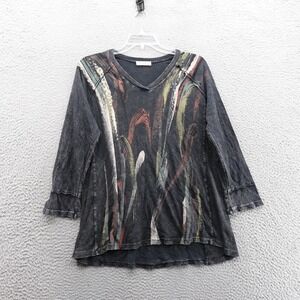 Jess and Jane Cotton Top M Black Abstract Print Women USA Made 3/4 Sleeve VNeck